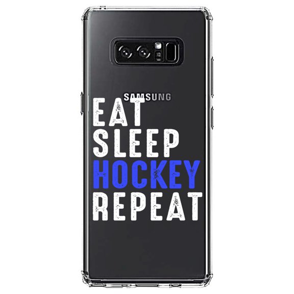 DistinctInk Clear Shockproof Hybrid Case for Samsung Galaxy Note 8 - TPU Bumper Acrylic Back Tempered Glass Screen Protector - Eat Sleep Hockey Repeat