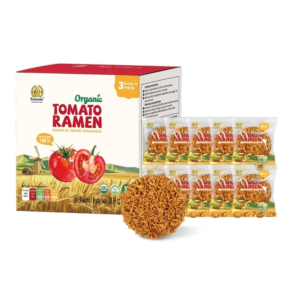 SUNGIVEN Organic Ramen Noodles Tomato Healthy Low Sodium Ready in 3 Minutes Non-Fried Instant No Additives or Preservatives 2.47 OZ (Pack of 10)
