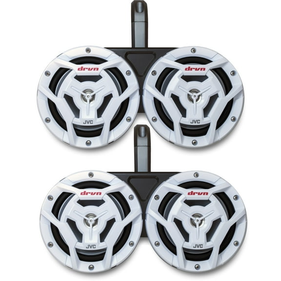 Kicker Marine KMTED Black Tower Enclosures Loaded With (4) 6.5" White JVC Marine Coaxial Speakers.