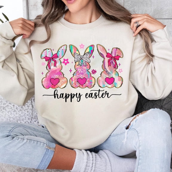 Brushstroke Easter Bunny Sweatshirt, Preppy Easter Bunny Shirt, Easter Glitter Sweatshirt, Coquette Bow Sweatshirt, Girly Easter Apparel for Women
