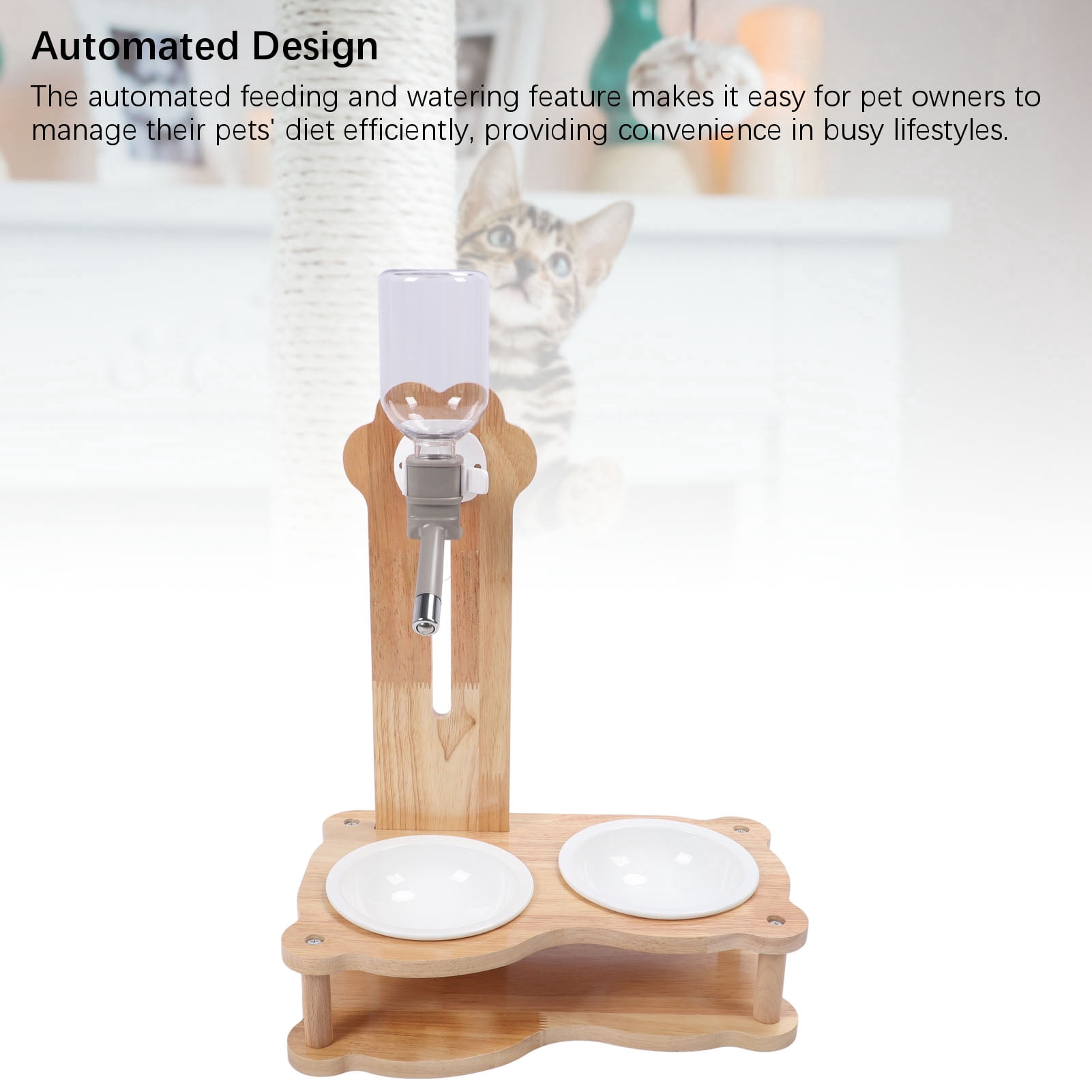 LAZIOEGR Wood Raised Cat Food Bowls Multifunctional 2-in-1 Automatic Cat Water Feeder and Food Bowl Set with Elevated Stand Gravity Water Dispenser for Dogs and Pets (15.75 inches / 40 cm)