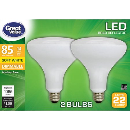 Great Value LED Light Bulb, 14W (85W Equivalent) BR40 Reflector Lamp E26 Medium Base, Dimmable, Soft White, 2-Pack