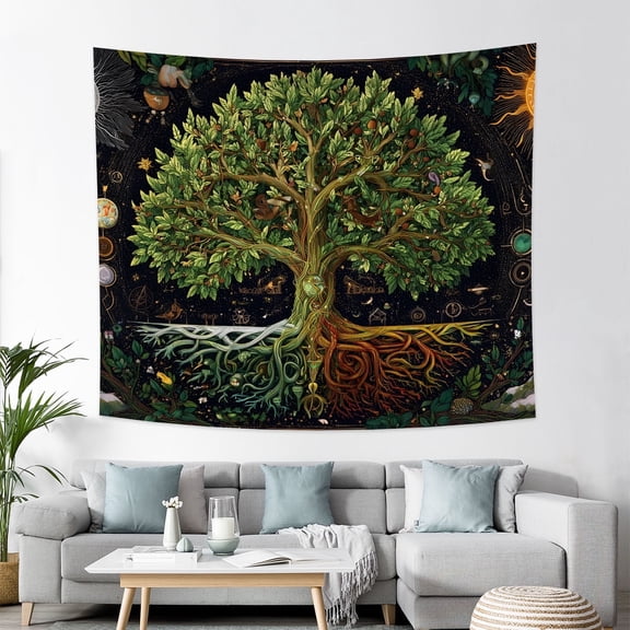 Tree Tapestry Wall Hanging Sun Moon Stars Tapestries Aesthetic Galaxy Wall Tapestry Nature Home Decoration for Living Room Bedroom,60Wx50H