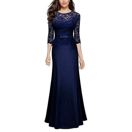 MJCI Formal Dresses for Women Evening Long Maxi Lace Crochet Wedding Bridesmaid Cocktail Pageant 3/4 Sleeve Prom Ball
