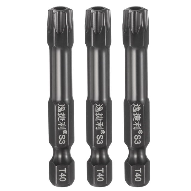 Uxcell 3pcs T40 Torx Destornillador Bit 1/4" Hex Shank 50mm/2" Longitud Acero S3 Magnético a Prueba de Manipulación Cabeza Estrella de 6 Puntos Bits de Destornillador Hex, Negro