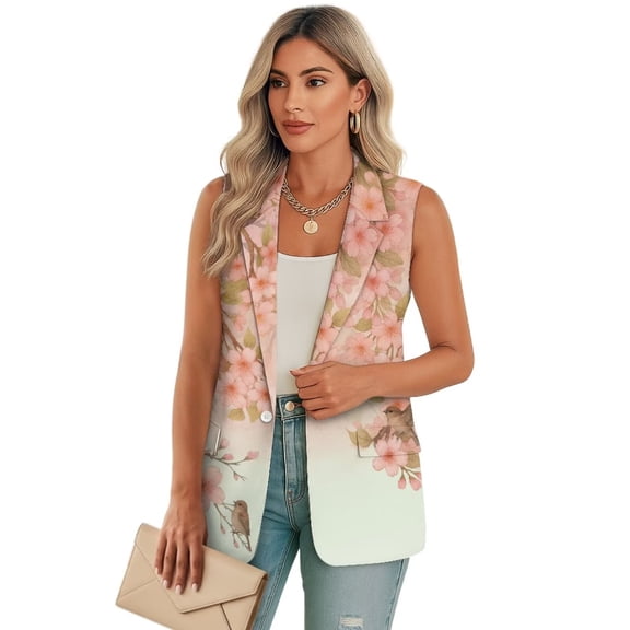 Psesaysky Women's Sleeveless Blazer Vest Pink Cherry Blossom Bird Print Open Front Casual Warm Suit Blazer V-Neck Lapel Outerwear Vests, Size XL
