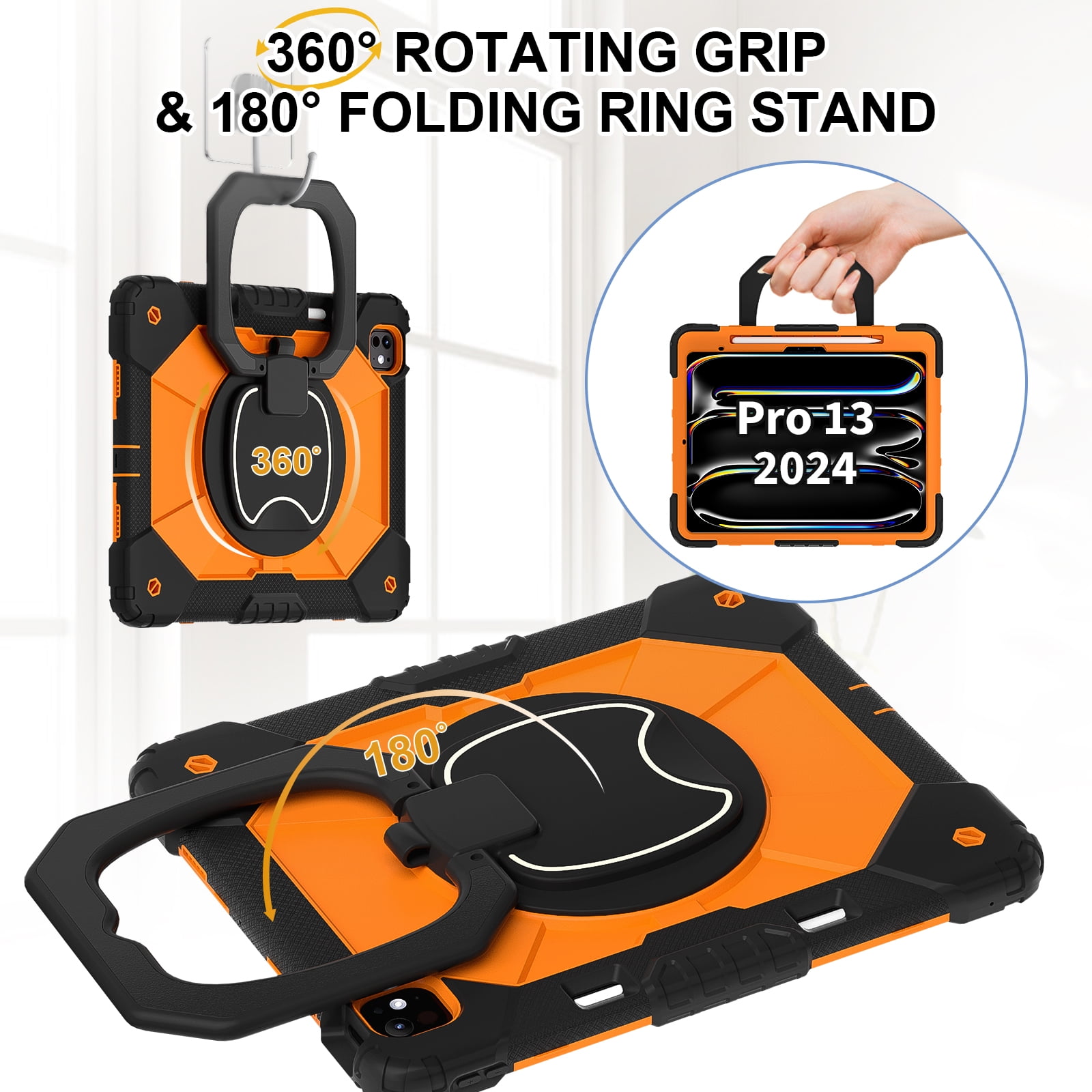 Dteck with Pencil Holder Case for iPad Pro 13 inch 2024,Heavy Duty Silicone Case 360 Degree Rotating Handle Stand Cover with Shoulder Strap for iPad Pro 13-in. (M4) ,Black+Orange