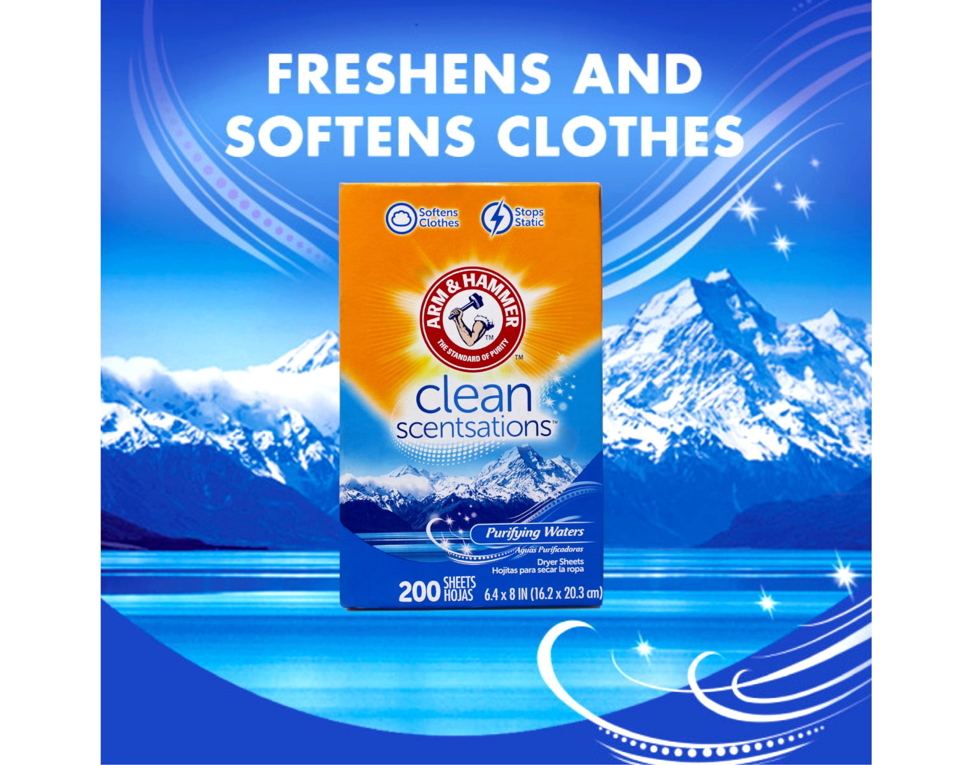 Arm & Hammer Clean Scentsations Fabric Softener Dryer Sheets, Purifying Waters Scent, 200 Count - 6 Pack