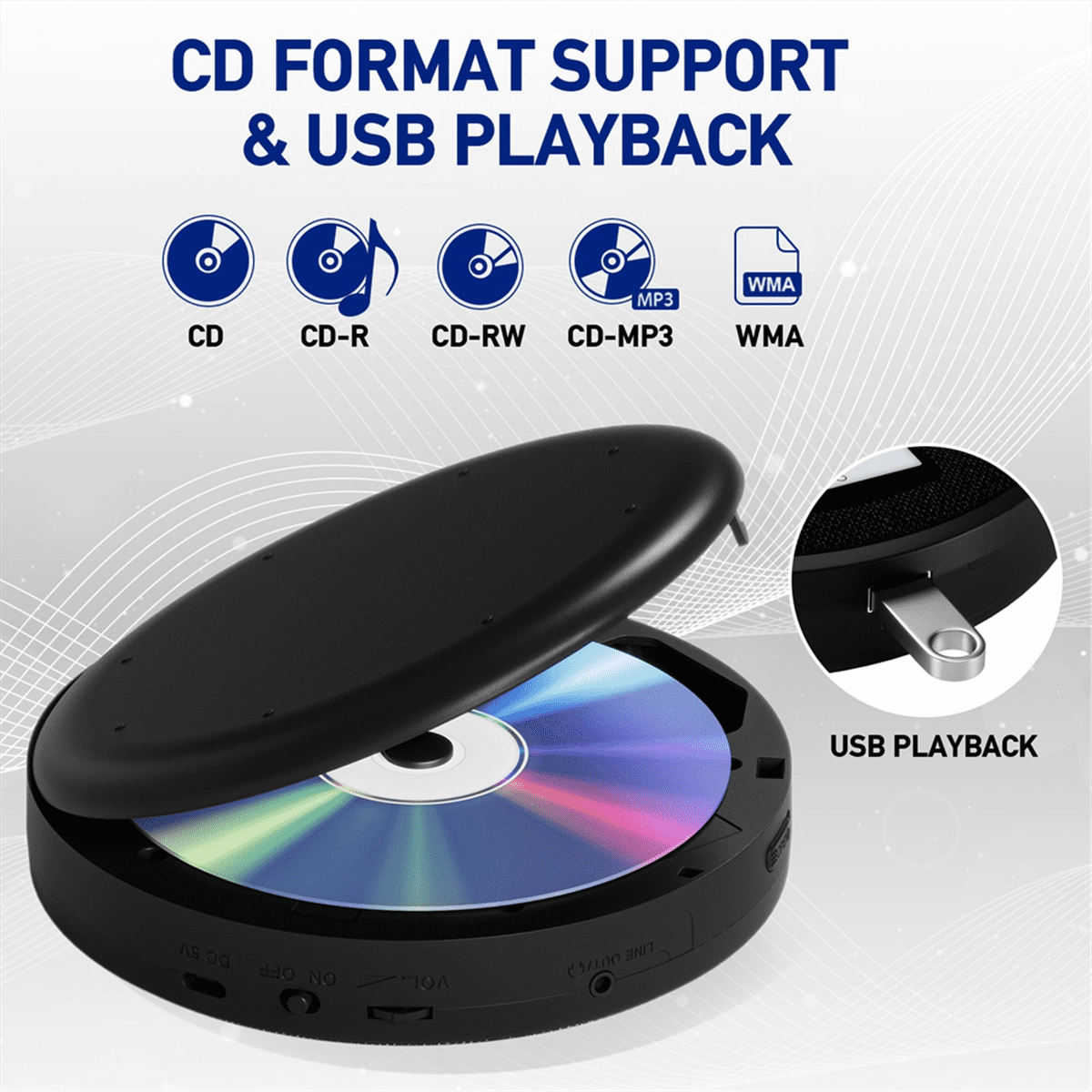 Multifunctional Discman CD Player with Bluetooth, FM, Headphones, Repeater, Learning Machine, USB Stereo Speaker Black