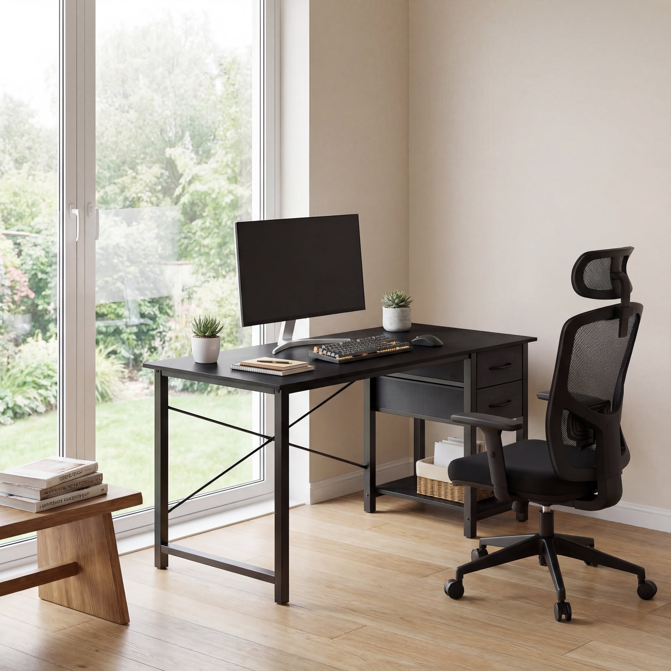 edx 47” Home Office Computer Desk with 2 Fabric Drawers, Storage Shelf, X-Frame Support, Spacious Computer Workstation Writing and Study Desk,Black Grain