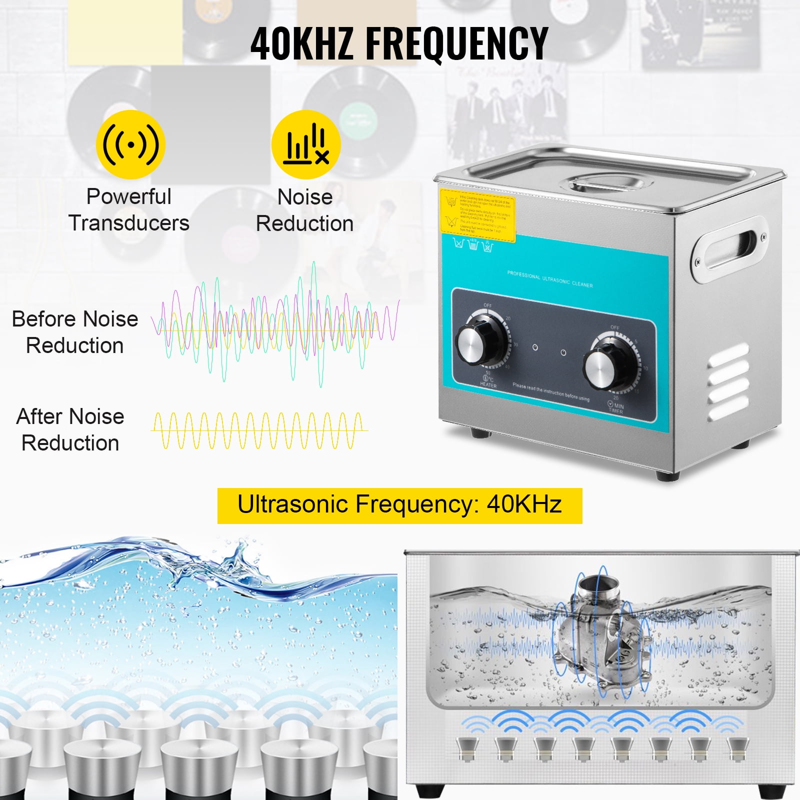 VEVORbrand Knob Ultrasonic Cleaner 3L 40kHz Ultrasonic Cleaning Machine Knob Control 304 Stainless Steel Ultrasonic Cleaner Machine with Heater & Timer for Cleaning Jewelry Eyeglasses Watches
