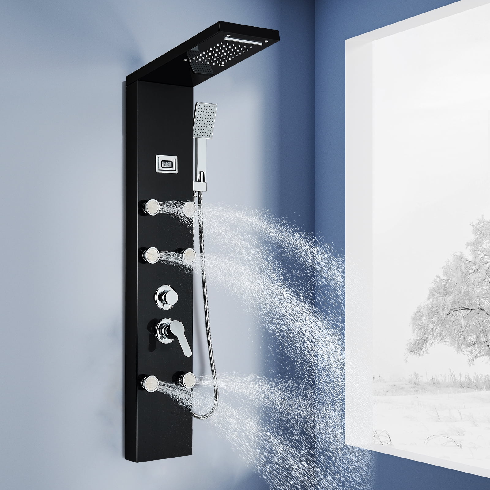 Zamery Black Shower Panel System with Rainfall Waterfall Shower Head