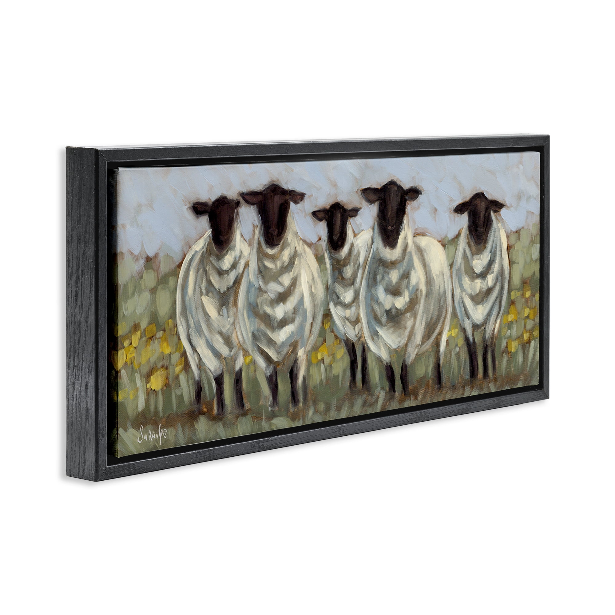 Stupell Industries Gazing Sheep Impression Animals Painting Black Floater Framed Canvas Art Print Wall Art, 31 x 14