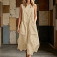 thumbnail image 2 of Bysome Women Dresses Solid Color Sleeveless Crew Neck With Pocket Dress Summer Fashion Women Dress Size L Beige, 2 of 4
