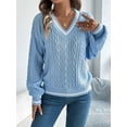 thumbnail image 6 of Women'S Long Sleeve V Neck Cable Knit Sweater 2025 Fall Pullover Top Cute Soft Dressy Casual Outfits Blue L, 6 of 8