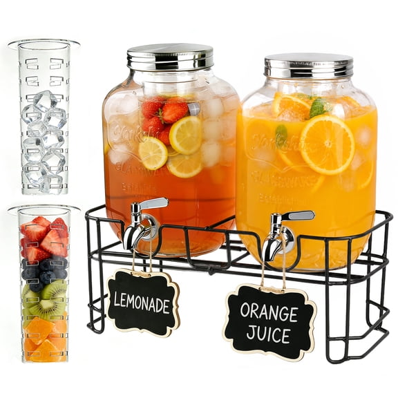 GVUHR Glass 1 Gallon with Fruit Infuser and Stand Beverage Dispenser 2 Pack