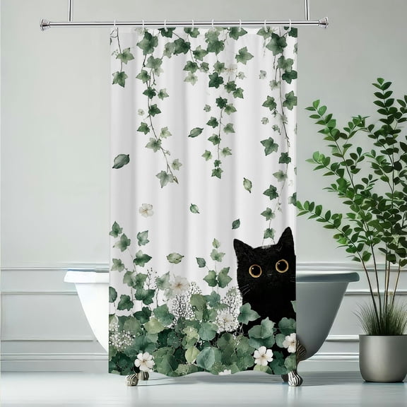 RKSupls Watercolor Black Cat Ivy Hanging Waterproof Shower Curtain Polyester Shower Curtain with Hooks for Chic Elegant Home Bathtub Bathroom Decor