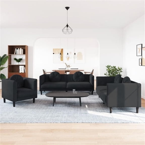 Bowery Hill Contemporary 3 Piece Sofa Set in Black Finish Velvet