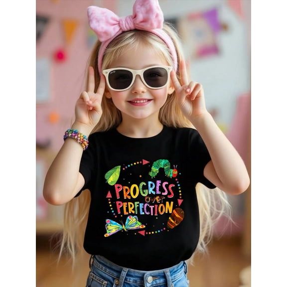 100% Cotton Progress Over Perfection Caterpillar Teacher Back To School Kid T-Shirt Graphic T-shirts for boys and girls