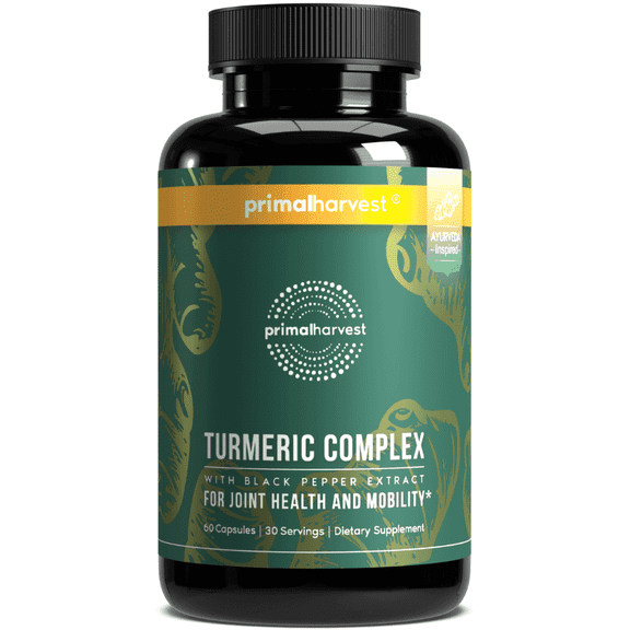 Primal Harvest Turmeric Supplement, Plant Based Turmeric Root Extract with Curcumin & BioPerine, 60ct