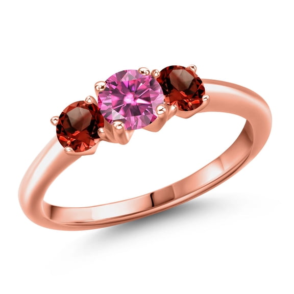 Gem Stone King 18K Rose Gold Plated Silver Pink Moissanite and Red Garnet Engagement Ring for Women | 1.24 Cttw | Round 5MM | Gemstone Birthstone | Size 6