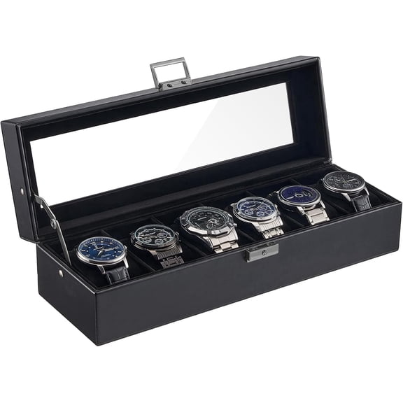 ProCase 6 Slot Watch Case, PU leather Lockable Watch Organizer with Soft Pillow and Glass Display Lid -AllBlack