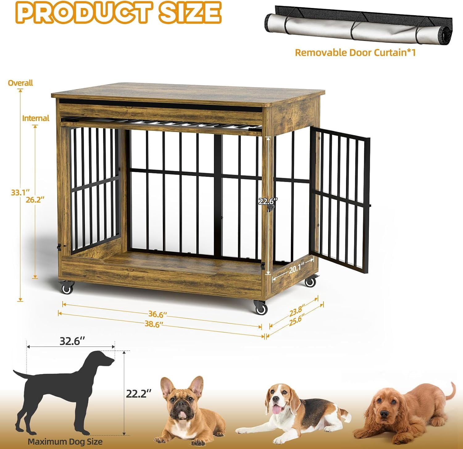 38" Wooden Dog Crate Furniture with Double Door, Lockable Wheels & Blackout Curtain – Decorative End Table Kennel for Large & Medium Breed Dogs, Rustic Brown