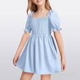 thumbnail image 2 of CAICJ98 Girls Puff Short Sleeve Square Neck Boho Frilly Smocked Shirred Flared Midi Dress for Girls (7-8 Years,Blue), 2 of 7