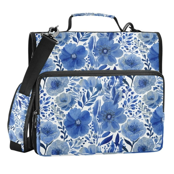 Zipper Binder Blue Flowers 1.5 Inch Binder Folder Bag with Shoulder Strap and Handle