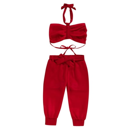 

Toddler Baby Kids Girls Casual Suit Solid Color Sleeveless Backless Halter Tops+See-Through Long Pants