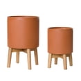 thumbnail image 2 of 2-Piece Fluted Metal Planter Pot With 4-Leg Wood Base - Terracotta Color - 17"H x 10"W / 13.5"H x 8.5"W, 2 of 4