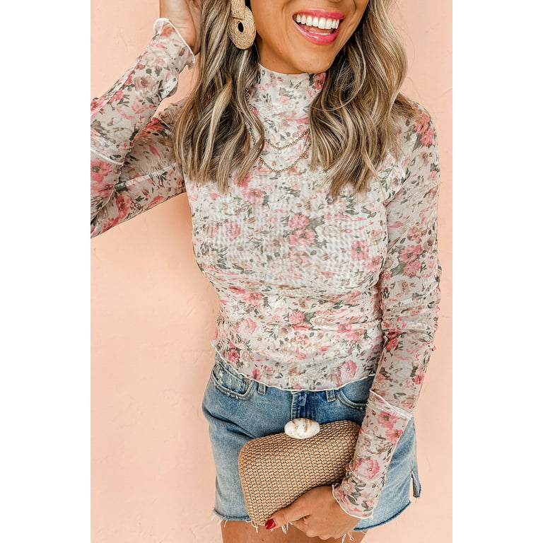 肌触りがいい Women's Blouse Sheath Neck High Sleeve Long Floral Pink トップス