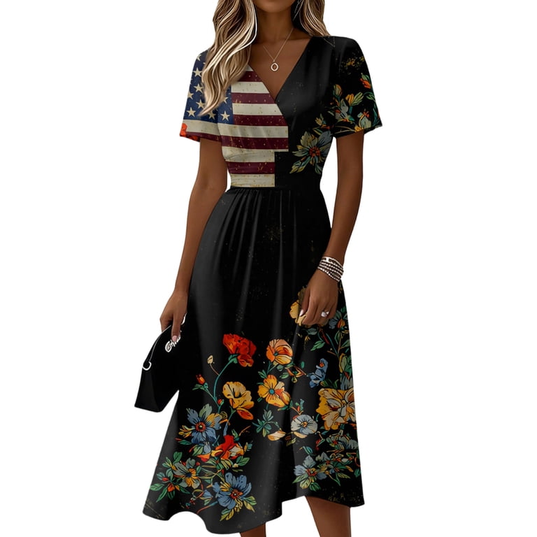 Red White and Blue Dress for Women Independence Day Print Dress A Line Short Sleeve Dressy Cocktail Party Dress