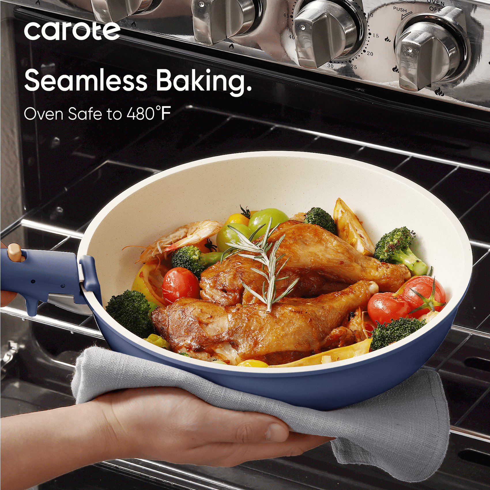 Carote 13 Pcs Nonstick Cookware Sets, Pots and Pans with Detachable Handles, Oven Safe, Stackable Kitchen Cooking Set, Induction Cookware, Navy Blue