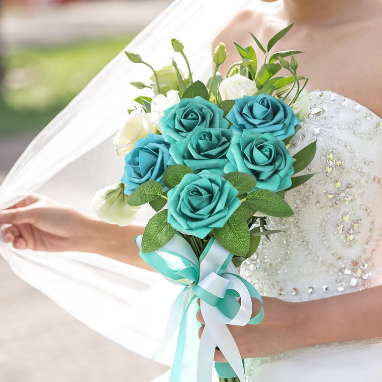 Mocoosy 50Pcs Rose Artificial Flowers, Teal Green Fake Roses for Decorations Real Touch Foam Roses Bulk with Stem DIY Wedding Bouquet Valentine's Day