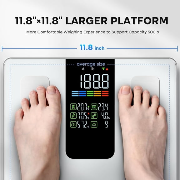 Smart Scale for Body Weight, BMI, Body Fat, Muscle Mass, Digital Bathroom Scales 500lbs for Bluetooth Weight Monitor 11.8" Large Platform Weighing Machine Health Analyzer with App, White