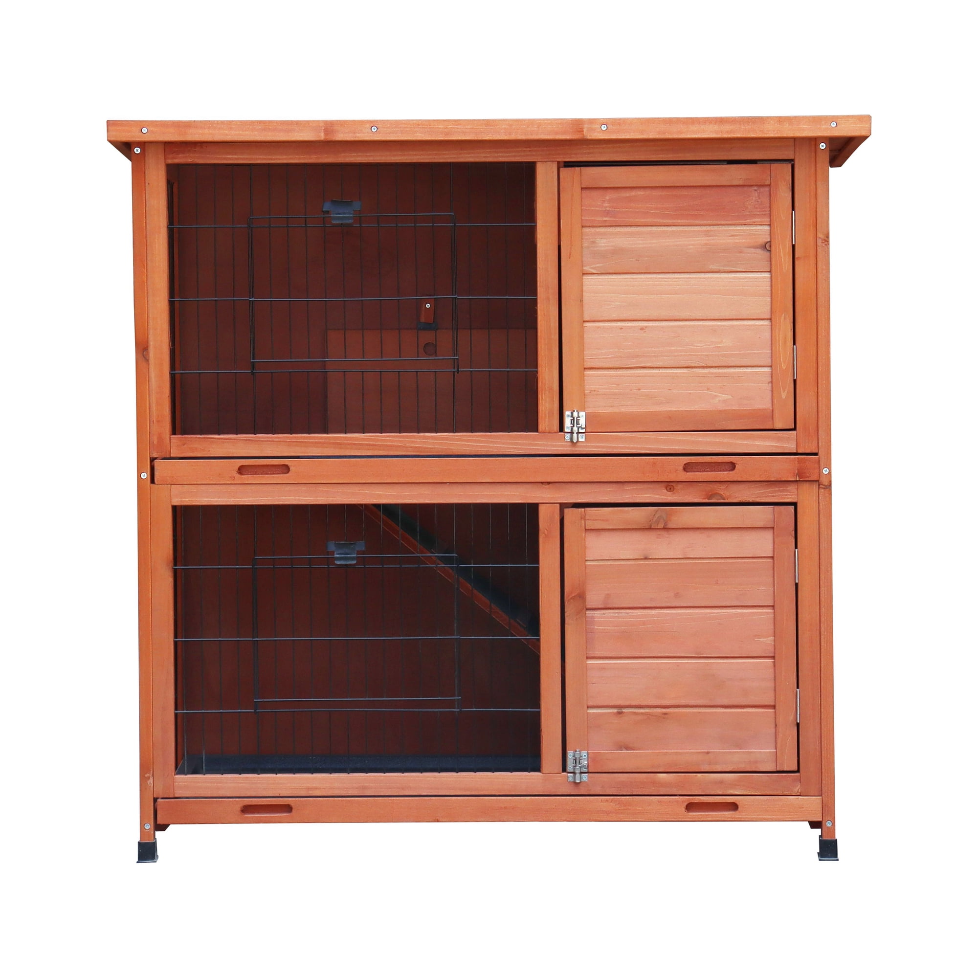 Rabbit Hutch Outdoor, 2-Story Rabbit Cage Indoor with Run, Bunny Cage with 2 Removable No-Leak Trays, Pet Cages with Non-Slip Ramp, Waterproof Roof, Fence, for Small Animals