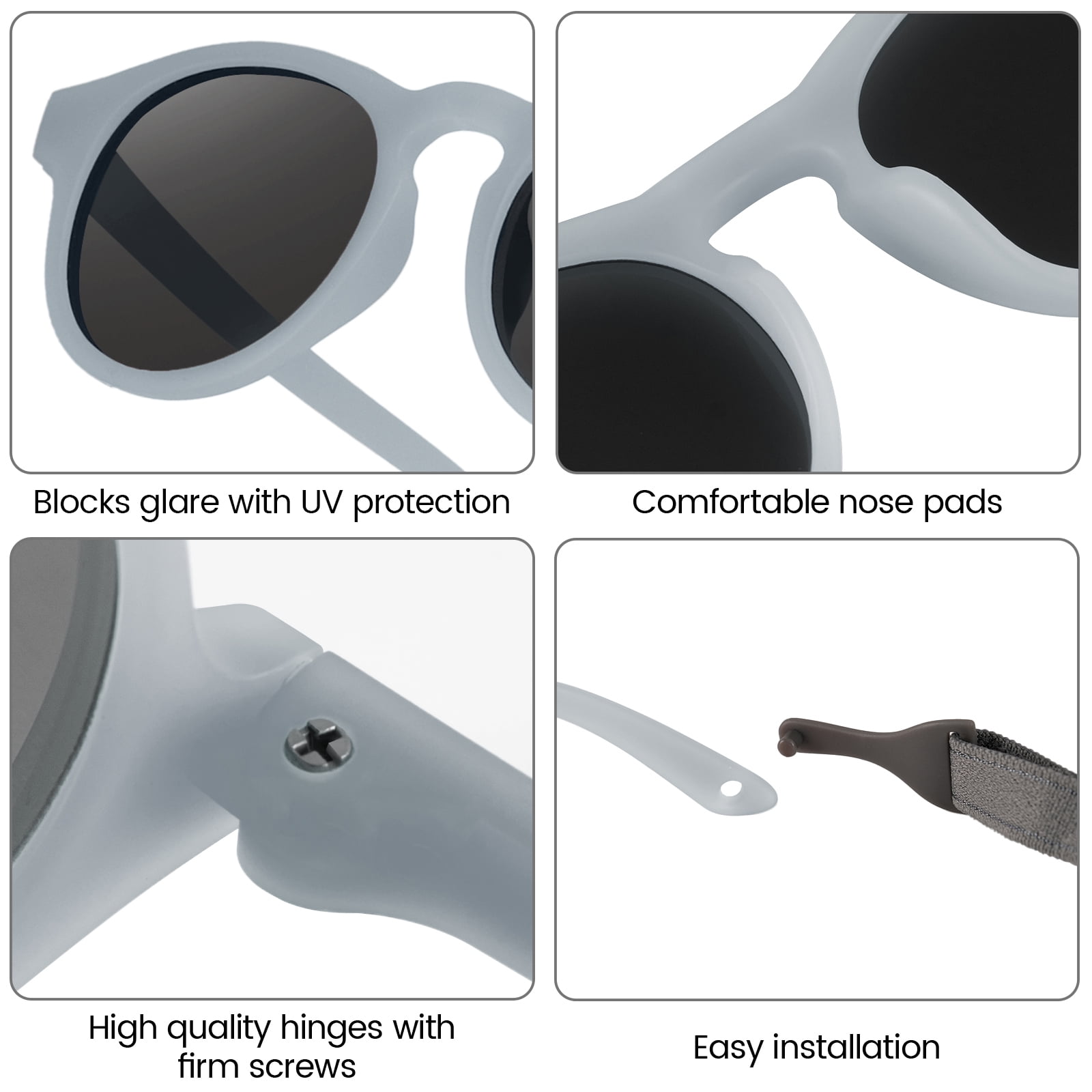 HECCEI Pebblie Sunglasses with Strap - Polarized Sunglasses for Baby Infant Toddler, Ages 0-2 Gray