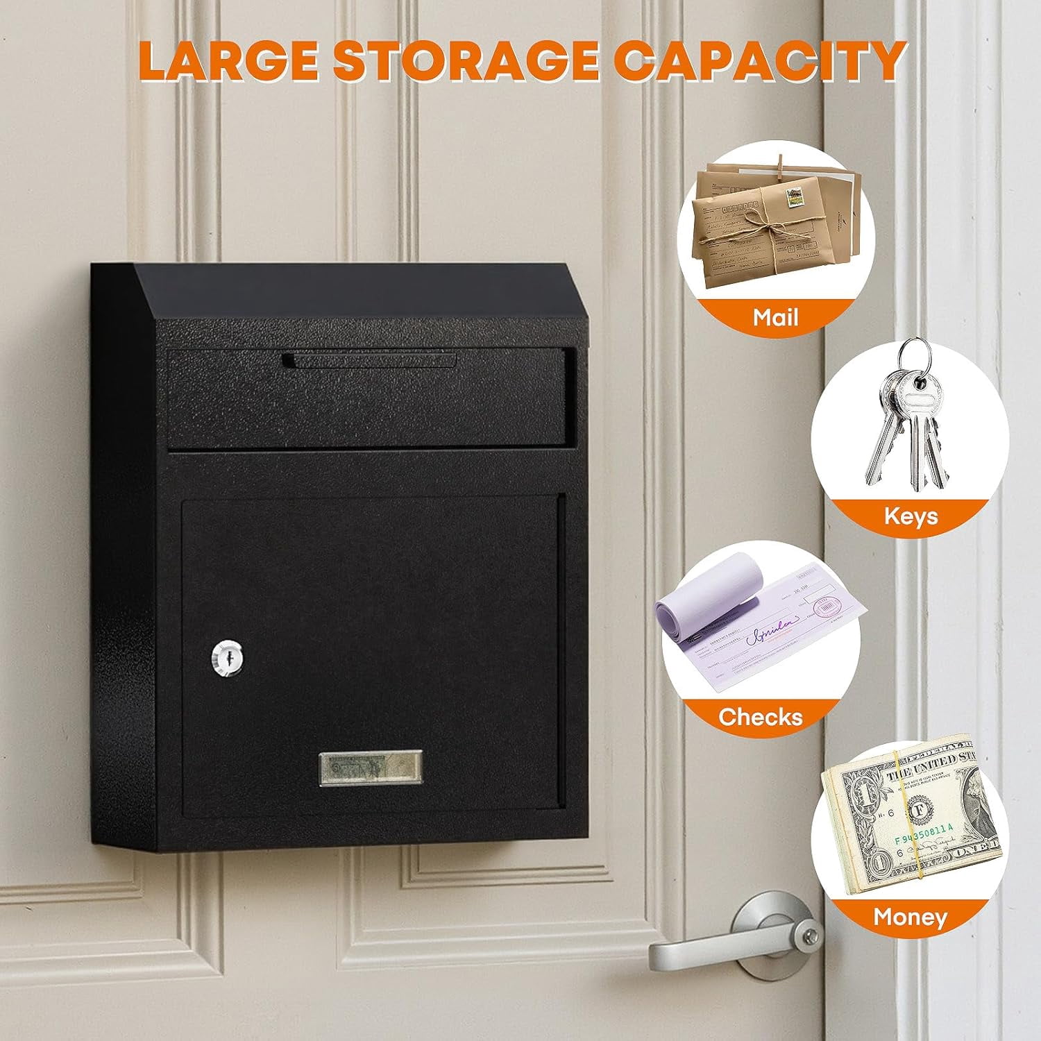 Metateel Wall Mounted Locking Mailbox – Heavy Duty Key Drop Box with Anti-Theft Design for Rents Cash Mails Deposits Checks Envelopes – 12"W x 4.25"D x 14.75"H (Black)