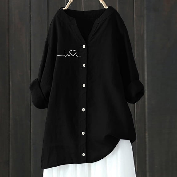 Black Women Shirts, Women'S Printed Stand Up Collar Button Down Cotton Linen Long Sleeved Blouse,Women Shirts S