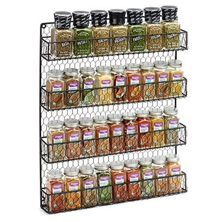 Black 4 Tier Country Metal Chicken Wire Spice Rack from 1790, Cabinet, Wall, or Pantry Mount - This Rustic Hanging Organizer is Tiered for Maximum Storage -Up To 32 Herbs & Spices - Easily Mounted
