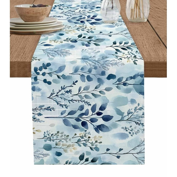 Blue Botanical Table Runner Cotton Linen 90 Inch Holiday Dresser Scarves, Spring Summer Leaf Pastoral Retro Tablerunner for Kitchen Coffee Dining Bedroom Living Room Dinner Scarf Décor 13''x90''