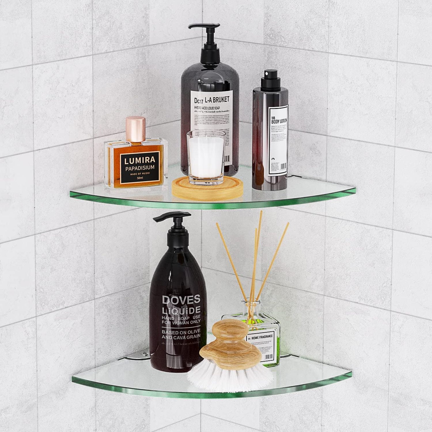 2 Tier Clear Tempered Glass Floating Shelf, Organizer Corner Shower