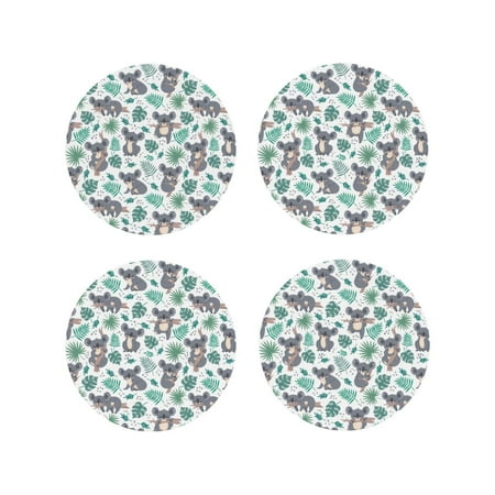 

Coasters Set of 4 - Tropical Koala Gray Green Drink Coasters for Tabletop Protection Leather Coasters for Living Room Decor and Housewarming Gift Round Shape