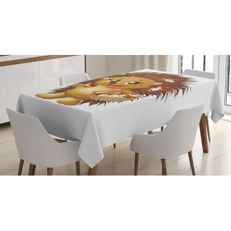 Hedgehog Tablecloth, Hedgehog Holding Mushroom with a Basket of Autumn Foods Animal Fun Cartoon, Rectangular Table Cover for Dining Room Kitchen, 52 X 70 Inches, Pale Caramel Brown, by