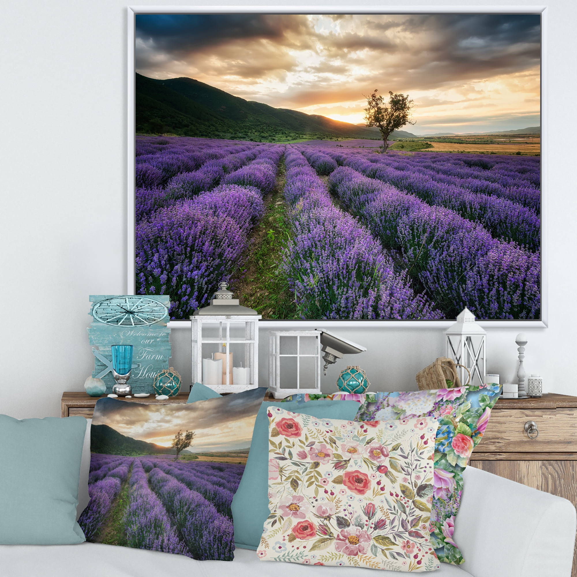 Designart 'Dramatic Clouds and Sunrise Over Lavender Field VII' Farmhouse Framed Canvas Wall Art Print