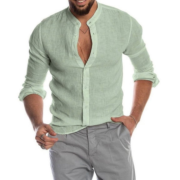 Mens Casual Long Sleeve Linen Shirts Buttons Down Solid Plain Roll-Up Sleeve Summer Beach Shirts (Size S-5XL)