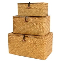 BlueMake Wicker Seagrass Baskets with Lids Set of 3 for Home Decor Rectangular Storage Baskets