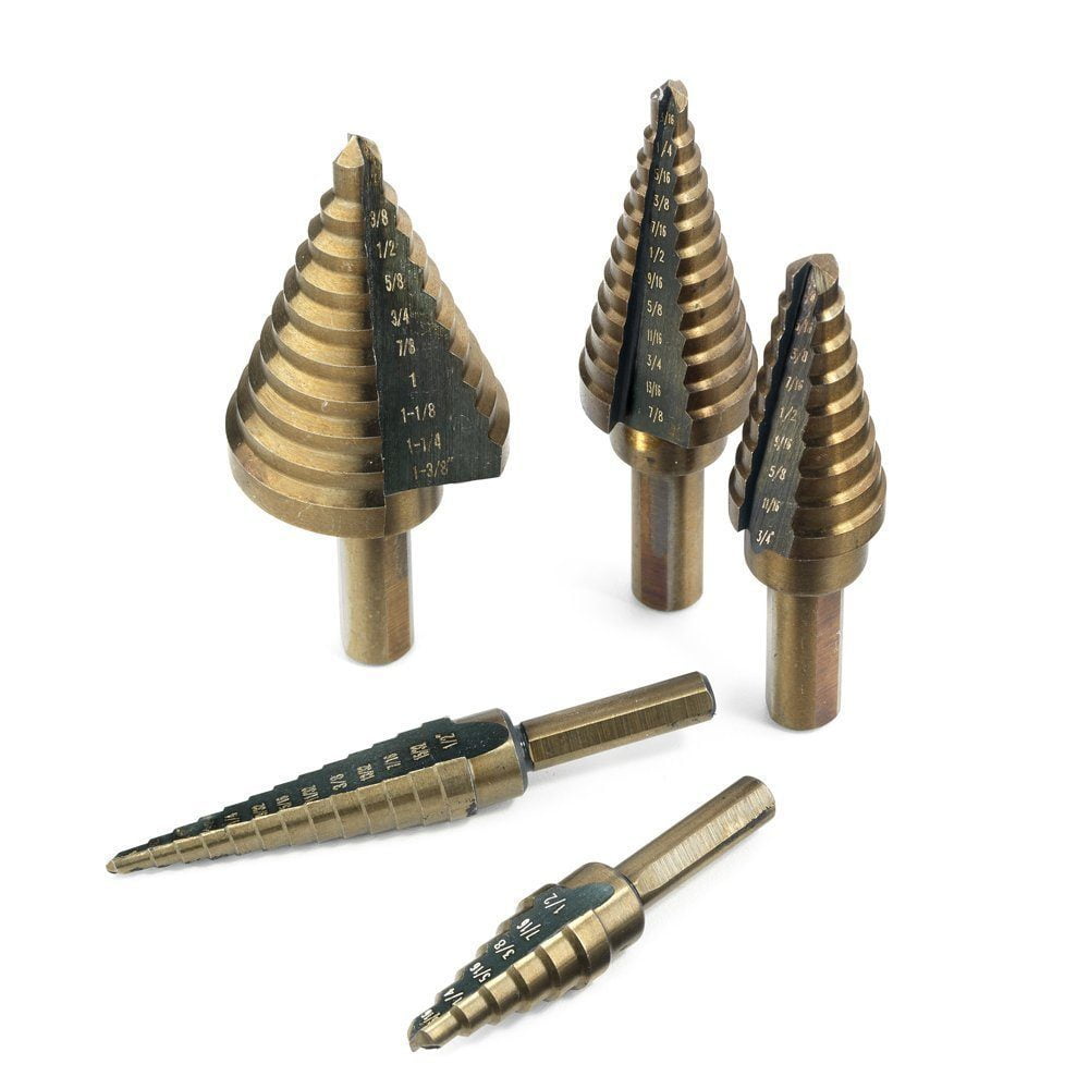 NEIKO 10197A Step Drill Bit Set, 5 Pc Step Bit for Metal, 50 SAE Sizes Total, 1/8” – 1-3/8”, SAE Titanium High Speed Steel Unibit, Stepper Cone Drill Bit, Two Flute Step Down Bits, Step Up Drill Bits