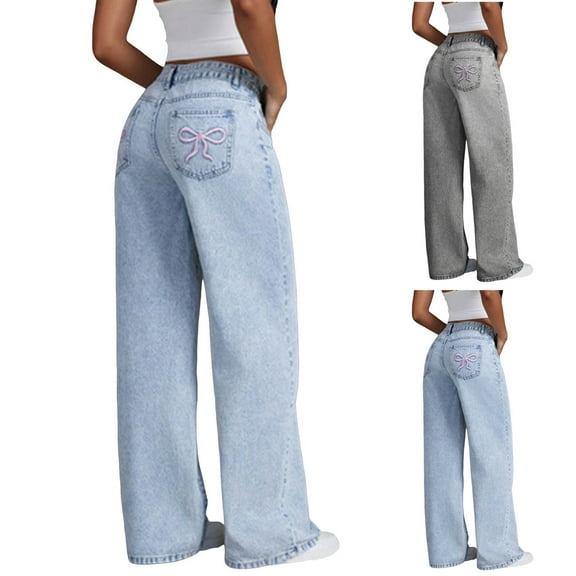 Girls Baggy Jeans - Elastic Waist Heart Patch Wide Leg Pants for Girls with Flat Pockets - Casual Fashion Clothes Sweatpants For Teen Girls Y2K